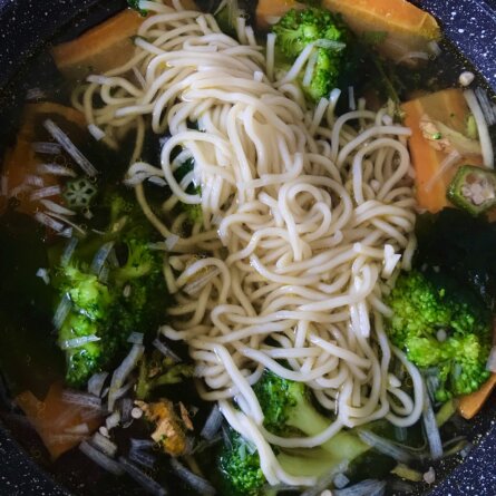 Bouillon: un bouillon sec en sachet japonais. Broccoli (un reste), 1 carotte. Modeste